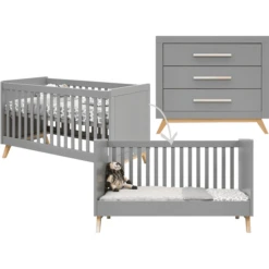 Bopita Babykamer Fenna 2-delig Ombouwbaar 70 X 140 Cm Grijs / Natuur